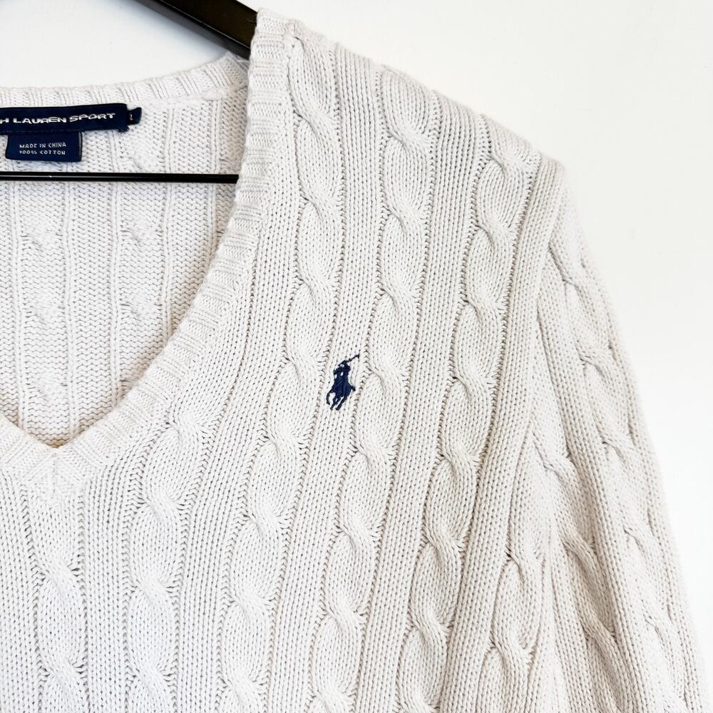 Ralph Lauren Sport Womens Cotton Cable Knit VNeck Sweater White - L - Picture 2 of 8